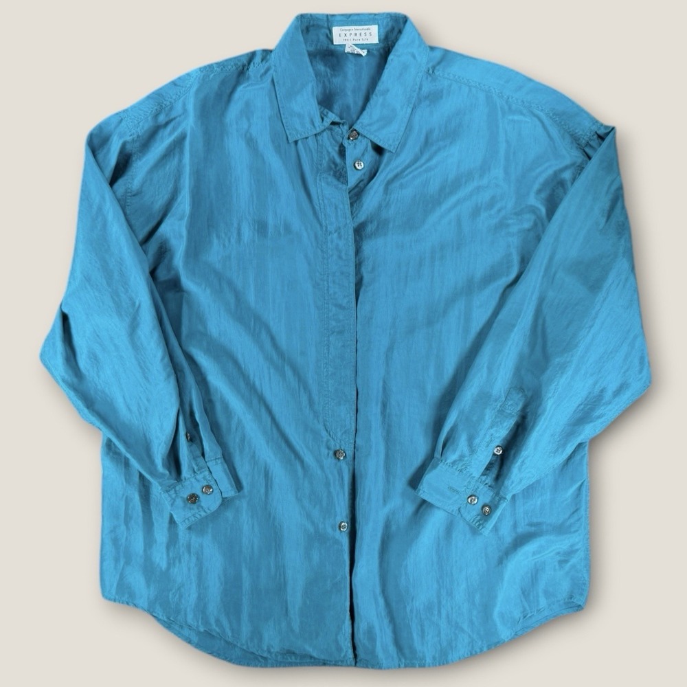 Vintage Compagnie Internationale Express 100% Silk L/S Top Blue/Teal Size Large